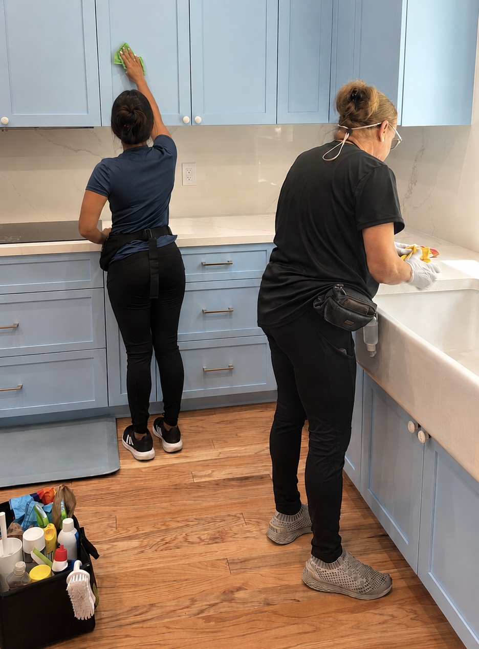 Premiere Cleaning professional in a bright living room